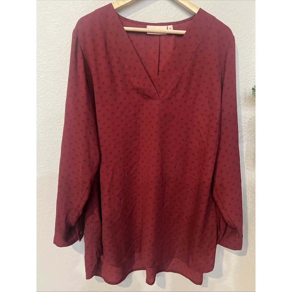Evri Blouse Womens MAROON Long Sleeve Pin tuck V-neck Career PLUS SIZE 1X
